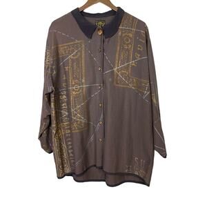 Visual Professional | Brown Silk Linen Blend Metallic Print Button Front Tunic